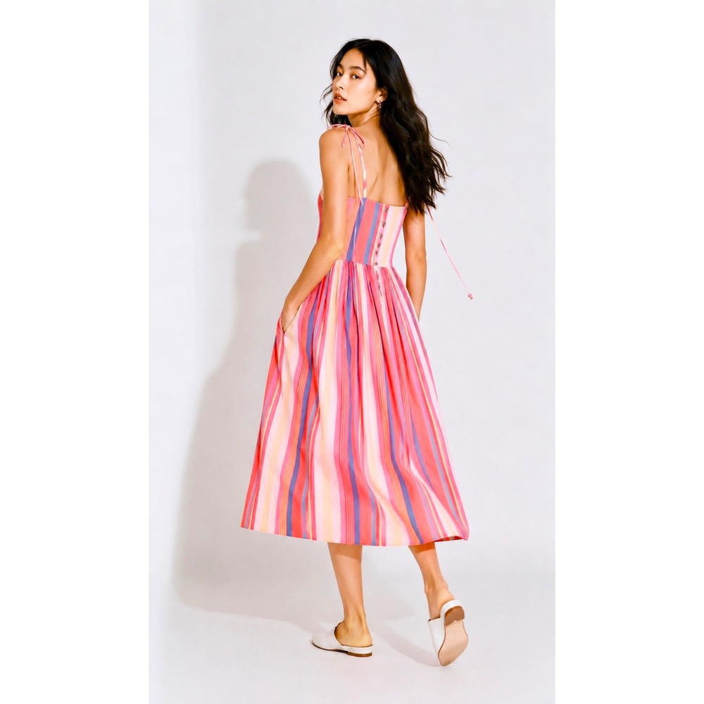 Free People Strawberry Combo Striped Cotton Midi Dress‎ Pink Blue M NWT